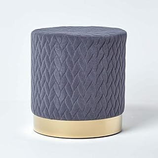 HOMESCAPES Grey Velvet Pouffe 38 cm Tall On-Trend Quilted Modern Style Footstool on Gold Metal Trim Brass Base Kensington Style Soft Upholstered Round Ottoman Multi-functional Stool Seat