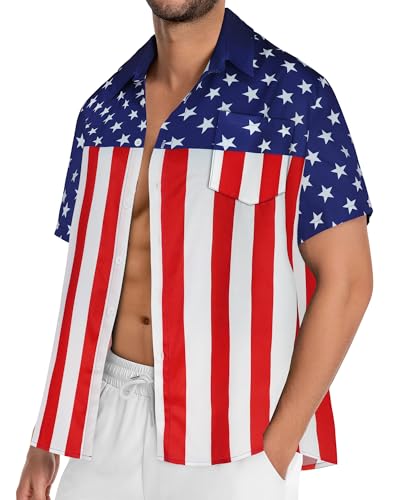Image of Men Hawaiian Shirt Short Sleeve Summer Beach Button Down Shirts with Pocket