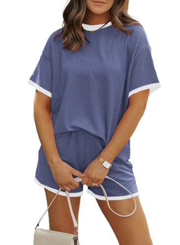 Image of MARZXIN Women 2 Piece Shorts Set 2026 Casual Summer Cruise Outfits Ribbed Loose Short Sleeve Pocket Matching Lounge Sets