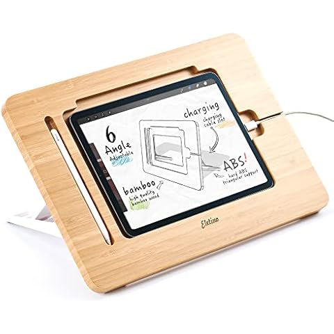 ELETIUO Adjustable Tablet Stand with Pencil&Charger Cable Slot,Upgraded Bamboo Wooden Desk Stand with Multiple Angles,Organizer Desktop Holder for Drawing (Support to 9.7-11" Devices) Cover
