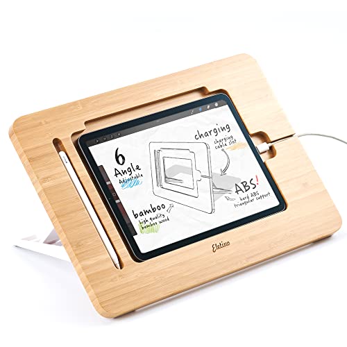 ELETIUO Adjustable Tablet Stand with Pencil&Charger Cable Slot,Bamboo Wooden Stand with Multiple Angles,Organizer Desktop Holder for Drawing,Compatible with ipads(Support to 9.7-11" Devices) by ELETIUO - Used condition - US$42.33