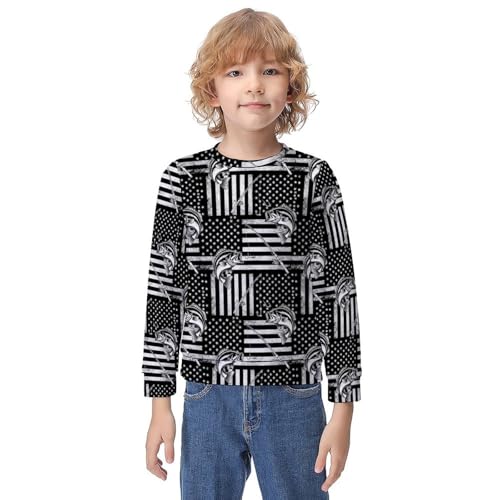 MZERSE Soft Kids Crew Neck Pullover Black And White American Bass Fishing Flag, Long Sleeve Sweatshirt for All Seasons, 8-10Y