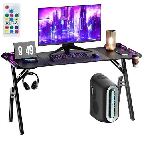 AufuN Gaming Schreibtisch mit LED Computertisch Gamingtisch 140 x 60cm, Stabiler PC Schreibtisch mit Kohlefaserbeschichtung, Ergonomischer Gaming Tisch mit Kopfhörerhaken und Getränkehalter, Schwarz