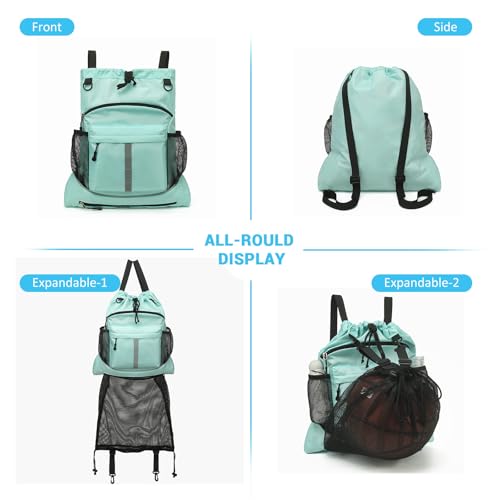 Drawstring Backpack, Waterproof Sandproof Beach Backpack for Sport Gear Small Gym Bag with Hidden Ball Net Pocket and Seperated Wet Pocket Draw String Back Bag for Women Men, Green by ASKSKY - Image 5