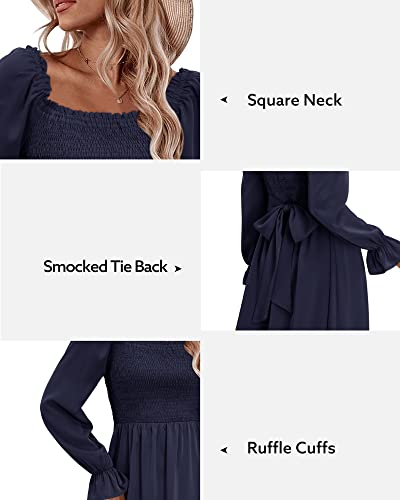 Kilig Womens Square Neck Long Sleeve Winter Midi Dresses Tie Back Smocked Casual Fall Dress 2022 Navy Blue #TOP5