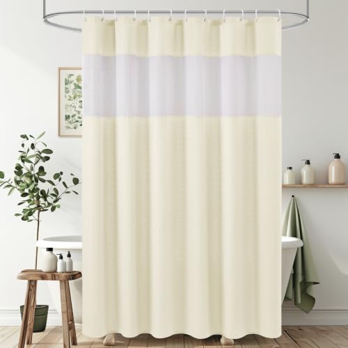 UFRIDAY Cream Shower Curtain, Waffle Weave Fabric, 72x72 Inch, Mesh Top Window, Hotel Style, Heavy Duty, Machine Washable, Water Resistant,Beige