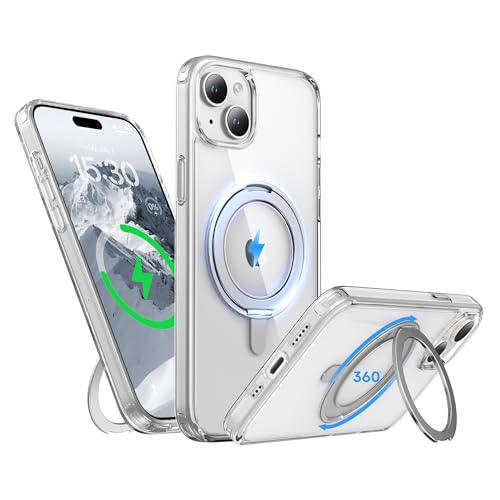 Support pour iPhone 15 MagSafe transparent avec anneau rotatif 360 béquille antichoc
