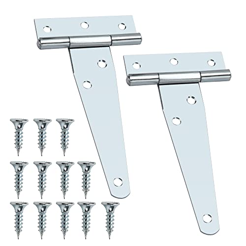 YIXISI 2 PCS 4 Inch T-Shape Tee Hinges, Silver, Painted Steel, Surface Mount, 12 Holes, for Wooden Door Gate, Windows, Fence