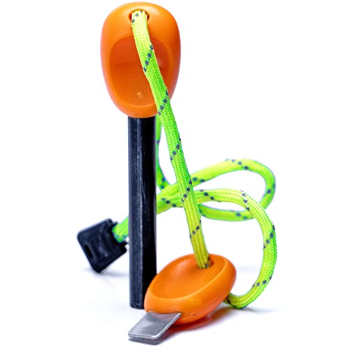 Flint & Steel Ferro Rod Fire Starter With Fluorescent Paracord - Striker Survival Kit - Magnesium 3/8” (9Mm) Diameter, 10,000 Strikes For Emergency, Camping, Bushcraft #TOP12