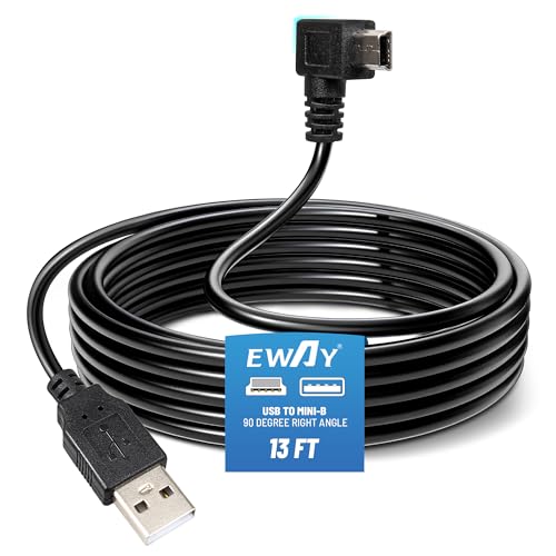 EWAY Mini USB Dash Cam Power Cable 13ft, for Rexing V1 Pro V5 V3 Byakov S6 Rove R2-4K Dashcam Dashboard Camera Recorder, USB 2.0 A to 90 Degree Right Angle Mini-B Charging Cord Car Charger Adapter -  XC0010-2837