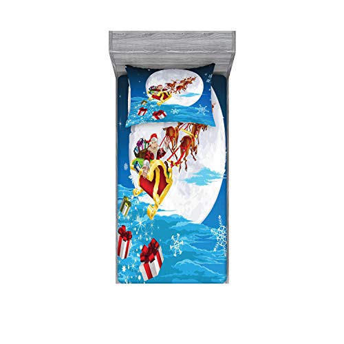 Ambesonne Christmas Fitted Sheet & Pillow Sham Set, Old Santa Claus And Deer With Vivid Present Boxes, Decorative Printed 2 Piece Bedding Decor Set, Twin, Azure Blue #TOP18