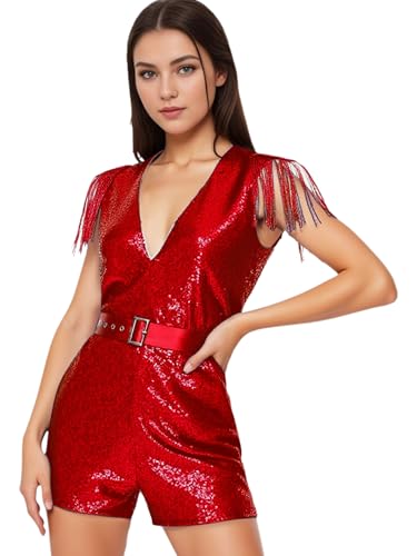Mono de lentejuelas para mujer con escote en V y flecos brillantes para fiesta