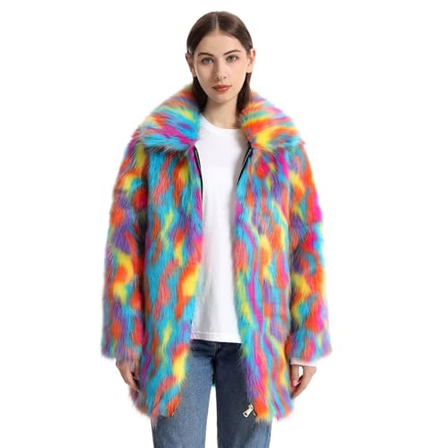 Women's Multicolor Faux Fur Coat Long Winter Warm Parka Jackets Thick Fuzzy Outwear Plush Zipper Overcoat3