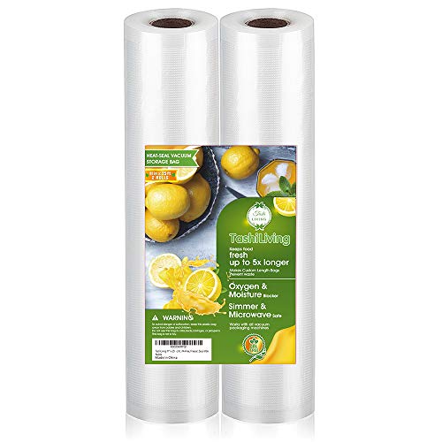 TashiLiving 11" x 25' - 2 Rolls Vacuum Sealer Bags Lebensmittelschoner, 4 mm BPA-frei, Gefrierschrank, Sous Vide, Mehrlagig, farblos Cover