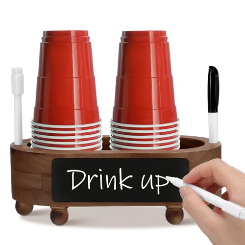 Patelai Double Wooden Cup Holder with Marker Slot Paper Cups Storage Box Disposable Rustic Mug Holder Mark Your Cups and Drink Plastic Cup Organizer for Home Decoration Wedding Party(Brown)
