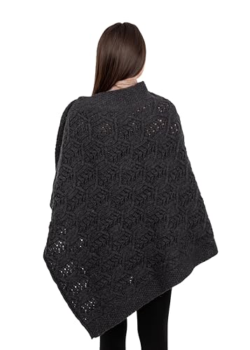 Image of SAOL Aran Poncho 100% Merino Wool for Ladies with Buttons V-Neck Shawl Cardigan