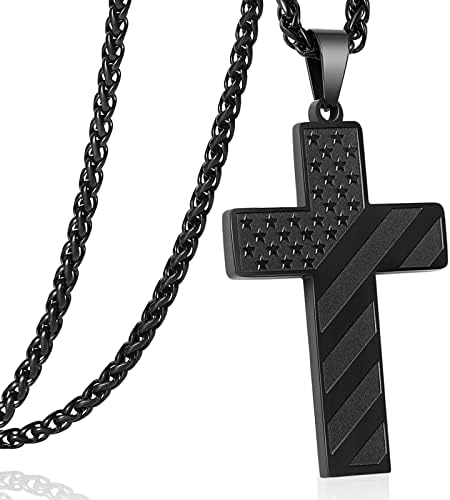 DuoDiner Black Cross Necklace Pendant for Men Boys Stainless Steel American Flag Chain Joshua 1:9 Baptism Religious Christian First Communion Confirmation Jewelry Gift Valentine's Day Boyfriend