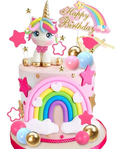 29 PCS Unicorn Cake Topper, Unicorn Rainbow Cake Decorations with Rainbow Stars Unicorn Balls Happy Birthday Cake Decorations for Boys Girls Kids Birthday Party Baby Shower Supplies