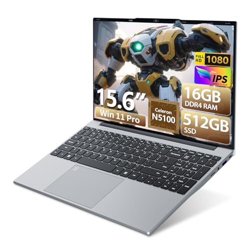 Image of 2026 Laptop, 15.6 inch Laptop Computer Celeron N5100 Up to 2.8GHz, Lap Top PC with 16GB RAM 512GB SSD, Backlit KB, Fingerprint, FHD 1080P, 180 Open, Mini HDMI, Win 11 Pro, Laptops for Study Work