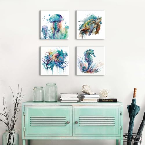 Watercolor Octopus Seaturtle Seahorse Jellyfish Wall Art Beach Bathroom Decor Sea Animal Canvas Pictures for Bedroom Living Room Home Decoration Ocean Marine Life Coastal Painting Artwork 12x12" 4 Pcs Watercolor Octopus Seaturtle Seahorse Jellyfish Wall Art Beach Bathroom Decor Sea Animal Canvas Pictures for Bedroom Living Room Home Decoration Ocean Marine Life Coastal Painting Artwork 12x12" 4 Pcs