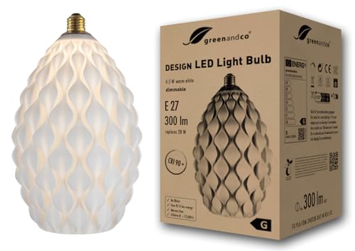 greenandco lampada di design a LED bianca | Fiore | dimmerabile | E27 | 4,5W 300lm | 3000K bianco caldo | CRI 90+ | senza sfarfallio | 180° | 230V | PLA biodegradabile | 170 * 283mm