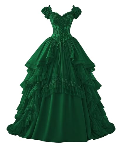 Ftupza Lace Appliques Gothic Wedding Dress Ruffled Emerald Green Ball