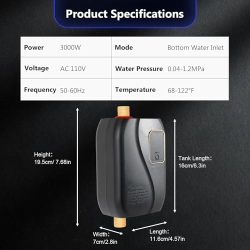 3000W Mini Electric Tankless Water Heater for Under Sink - Instant Hot Water with LCD Display for Kitchen Washing, 110V US Plug