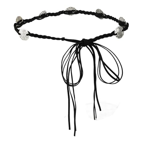 ILuvatar Women's Black Metal Wide Belt with Tassel Knot - Bohemian Rope Braided Waist Accessory featuring Silver Ring Metal Decorations - One Size
