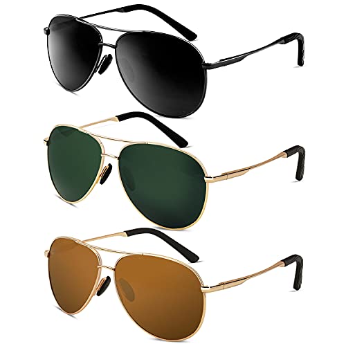 Aviator Sunglasses for Men Women Polarized Shades UV Protection, Ultra Sturdy Classic Police Sunglasses for Men, Pilot Sunglasses Men 3 Packs(Black/G15/Brown)