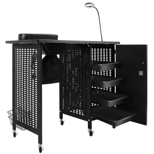 Kalolary Professional Manicure Table Salon Station, Mobile Nail Station with Nail Dust Collector, 4 Drawers, LED Lamps, Wrist Rest, Beauty Manicure Desk Spa Salon Workstation (Black)