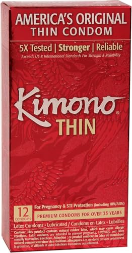 Kimono Thin Condoms, Snug Fit for Performance-Enhancing Feeling, Natural Latex Condoms, Vegan-Friendly, No Latex Odor - Enhanced Sensitivity - Pack of 12