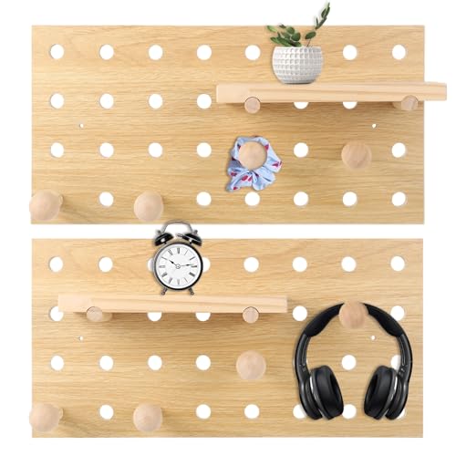 2 PCS Wooden Pegboards, Wood Pegboard Combination Kit, Wall Display Wooden Pegboard with Floating Shelves & Wooden Sticks, Wall Mounted Storage Shelf Organizer for Entrance Living Room Office