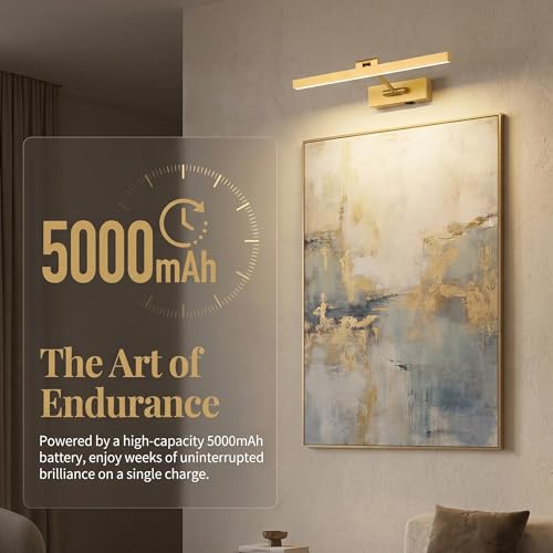 JOOSENLUX Dimmable Battery Operated Picture Light - Wireless Art Display, Single-Rod Swing Arm LED Fixture - Adjustable 16" Long Gold Wall Light for Paintings. — view 6
