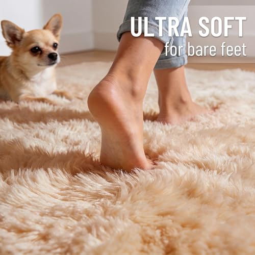 Image of OLANLY 5x8 Machine Washable Large Area Rugs for Living Room, Bedroom, Soft Fluffy Shaggy Bedside Rug, Indoor Floor Carpet for Kids Girls and Boys, Dorms, Nursery, Home Decor Aesthetic, Beige
