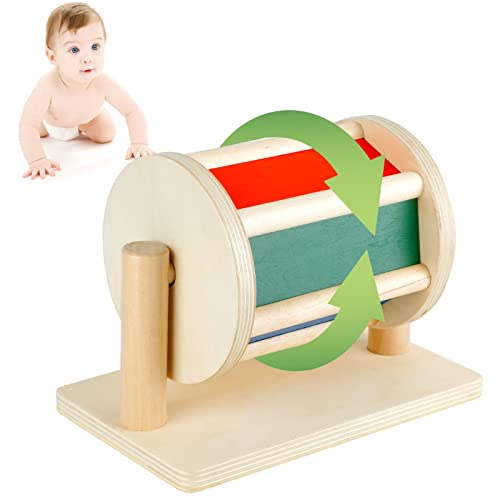 Toyosport Tambor giratorio Montessori juguete para 6-12 meses, tambor giratorio de madera arco iris con espejo y campana para bebés, niños y niñas, juguete sensorial giratorio de color cognición Cover