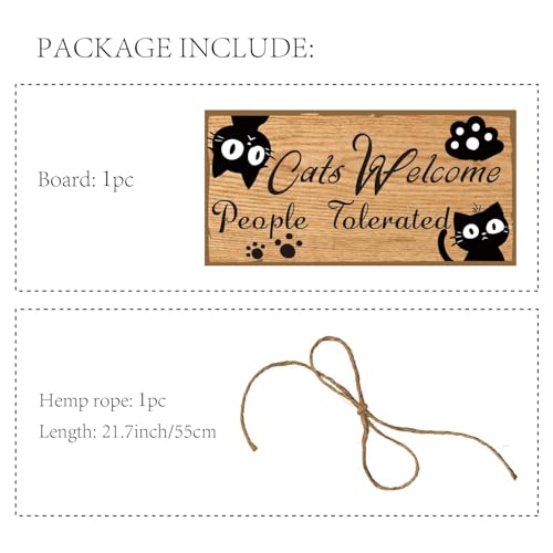 CREATCABIN Cat Welcome Sign Wooden Plaque Sign Black Cat Wall Decor Kitty Footprint Wooden Hanging Wall Sign Rustic Door Sign for Pet Shop Home Cat Lover Gifts 12x6Inch-Cats Welcome People Tolerated - Image 4