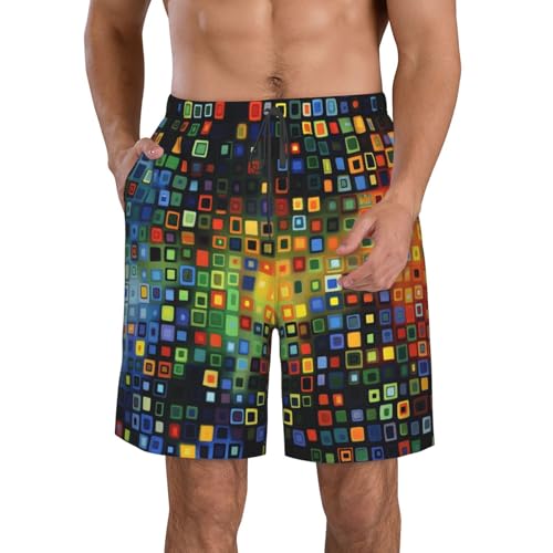 Men's Quick Dry Swim Shorts Squares and Rectangles Geometric Bright Abstract Beach Trunks with Pockets