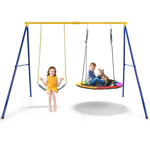 COSTWAY Portique Balançoire Extérieur en Métal avec 2 Balançoires, Balançoire Enfant Extérieur avec Cadre en Forme A & Cordes Réglables, Charge Max...