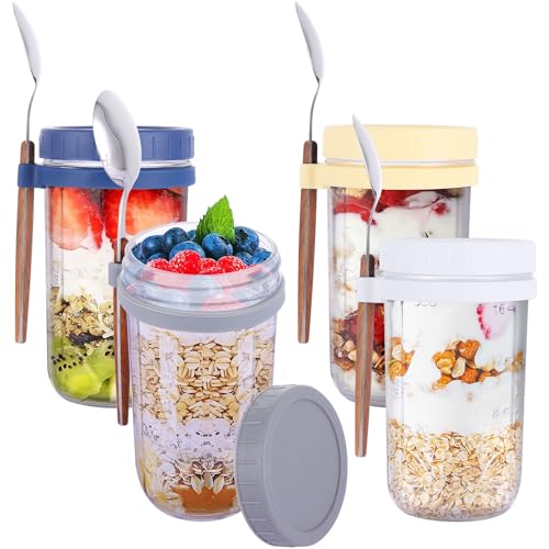 LDXDRU 4 Pack 600ml / 20oz Glass Overnight Oats Jar with Lids, Br...