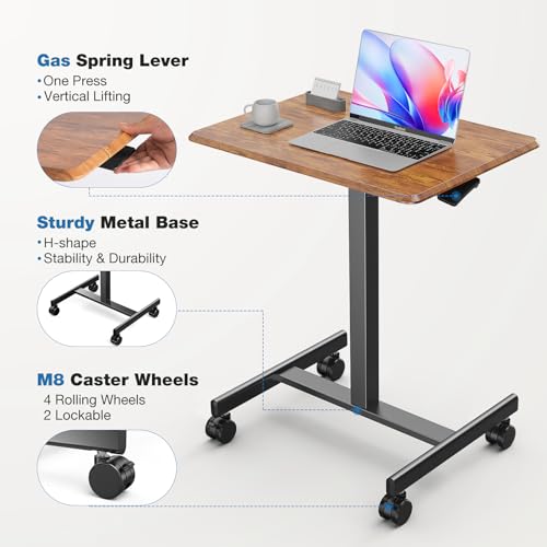 Image of OLIXIS Mobile Standing Desk with Wheels Small Rolling Laptop Desks Portable Pneumatic Adjustable Height Sit Stand Table Computer Workstation for Home Office Rustic Brown
