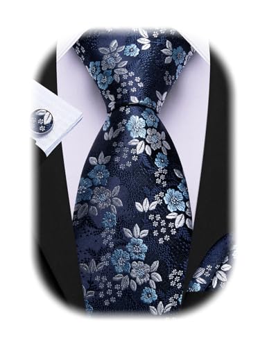 Image of Barry.Wang Flower Ties for Men Handkerchief Cufflinks Set Wedding Necktie Set Party