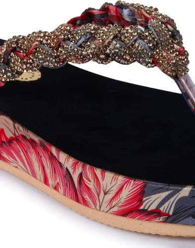 Image of ZAPATOZ Women's Floral Platform Sandals with Braided Gold Embellishment, Black Velvet Thong Slippers, Printed Sole Design