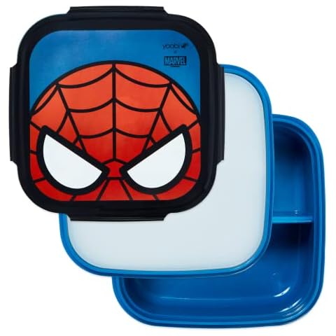 Yoobi x Marvel Spider-Man Bento Box for Kids and Adults with Ice Pack, 3 Compartment, Reusable Snack or Lunch Container, Divided Food Storage Containers, Microwave and Dishwasher Safe, Leakproof Cover