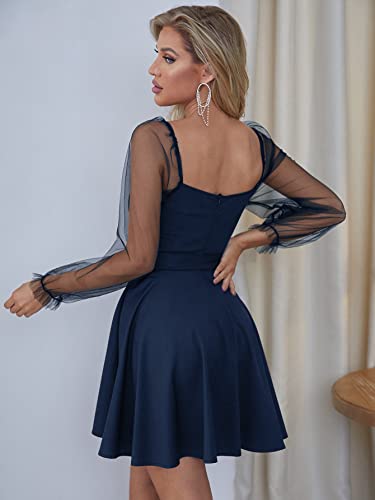 Wdirara Women's V Neck Mesh Bishop Long Sleeve Ruffle Hem Belted Dress Navy Blue Xs #TOP25