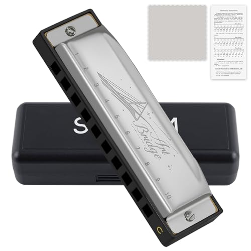 SDREAM Blues Harmonica for Adults Beginner Professional Students Musician key of C 10 Holes 20 Tone Diatonic Harmonica with Silver Case Bronze Reeds mouth organ (Silver, 10 holes blues primary)