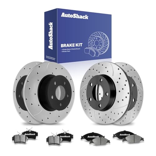 AutoShack Front Vented & Rear Solid Drilled & Slotted E-Coated Brake Rotors + Ceramic Pads 12-PC Brake Kit Replacement for 1999-2004 Ford Mustang ShadowGuard