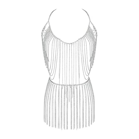 Connie Cloris Women's Sexy Body Chain Suit Fashion Halter Bra Chain Body Jewelry (206-E-Silver color) Cover