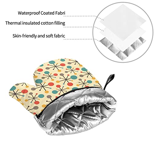 Retro Mid Century Fifties Modern Atomic Oven Mitts And Pot Holders Heat Resistant 4 Pcs Sets Waterproof Non-Slip For Bbq Cooking Baking Grilling #TOP7