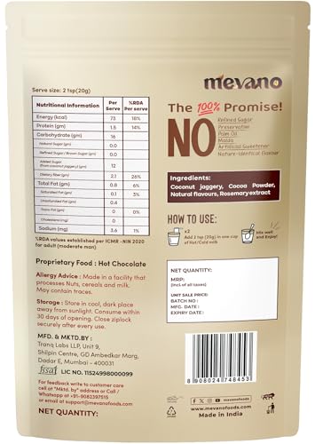 Image of Mevano Hot Chocolate Mix Powder | Refined SUGAR FREE | All Natural, REAL Cocoa without sugar, sweetened with Coconut Jaggery | Choco powder for Milk, Cold & hot shakes | No Preservatives | 400g
