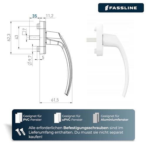 FASSLINE Fenstergriff Weiß aus Aluminium, 35 mm Spindel, Universal Dreh-Kipp Mechanismus, 1 Stück
